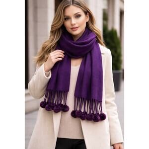 100% Wool Scarf Royal Purple Rabbit Fur Pom Poms Luxury Dopamine Retro Glam